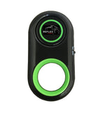 Black Reflex Camera Bluetooth shutter remote with green buttons and power switch, compatible with smartphones.