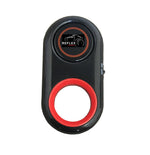 Black Reflex Camera Bluetooth shutter remote with red buttons and power switch, compatible with smartphones.
