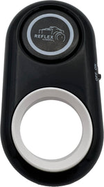 Black Reflex Camera Bluetooth shutter remote with white buttons and power switch, compatible with smartphones.