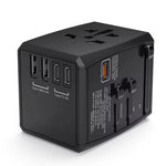 A black universal all-in-one travel adapter and GaN charger with multiple ports, including USB-A and USB-C, displayed against a white background.