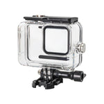 Clear waterproof action camera housing with black latch and mounting base, shown from a side angle.