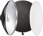 Studio light with softbox, grid, and reflector on a white background