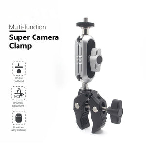 REFLEX CAMERA 360° Double Ball Head Clamp Mount with 1/4" Thread for GoPro, Insta360, DJI – Aluminum Rod Holder for Bike, Motorcycle, Pole – Flexible Action Camera POV Shooting