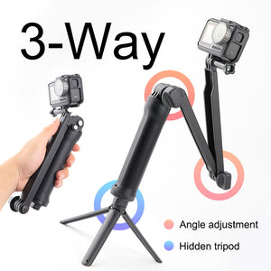 Reflex Camera 3-Way Foldable Selfie Stick Tripod for GoPro Hero 13-9, DJI Osmo Action – Extendable Pole, Tripod Grip, Lightweight Action Camera Mount for Travel, Vlogging & Sports Shooting