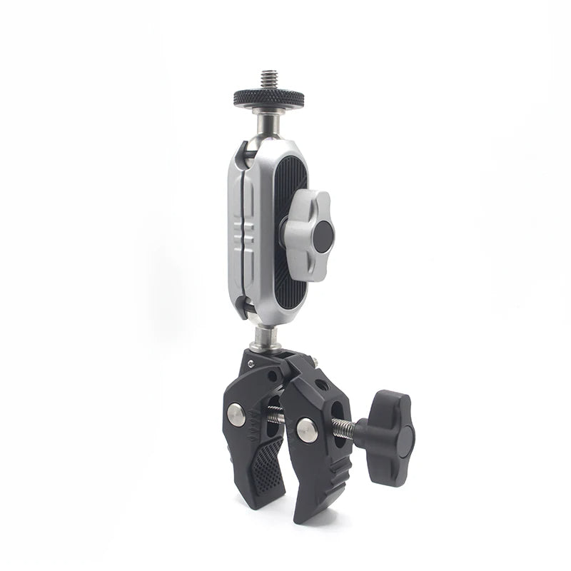 REFLEX CAMERA 360° Double Ball Head Clamp Mount with 1/4" Thread for GoPro, Insta360, DJI – Aluminum Rod Holder for Bike, Motorcycle, Pole – Flexible Action Camera POV Shooting
