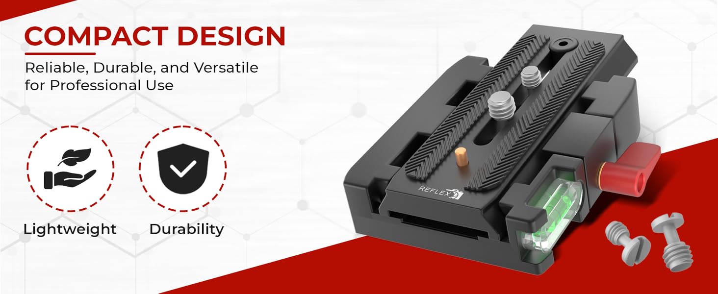 Reflex CM-TE175 quick release plate showcasing its compact, durable, and lightweight design with included mounting screws.