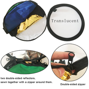 Reflex Camera 7-in-1 Photography Reflector 60cm Round – Translucent/Silver/Gold/White/Black/Blue/Green – Light Diffuser & Chroma Key Background Kit with Carrying Case