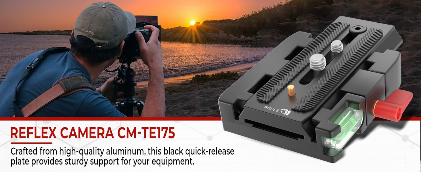 Photographer at sunset using tripod; Reflex CM-TE175 quick-release plate shown with sturdy aluminum build for camera support.