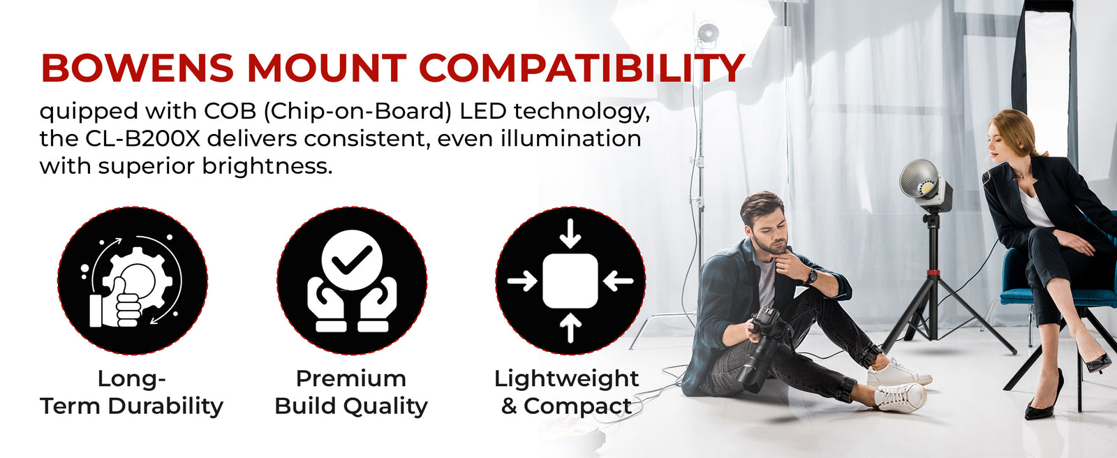 REFLEX CAMERA CL-B200X 160W Bi-Color LED COB Light – 3200K-5600K, CRI 97+, Bowens Mount, 17900 Lux, Dimmable Video Light for Studio Photography, Filmmaking, YouTube, Streaming Banner