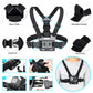 Adjustable chest harness strap for action cameras with quick-lock and double buckle system, shown in use and disassembled