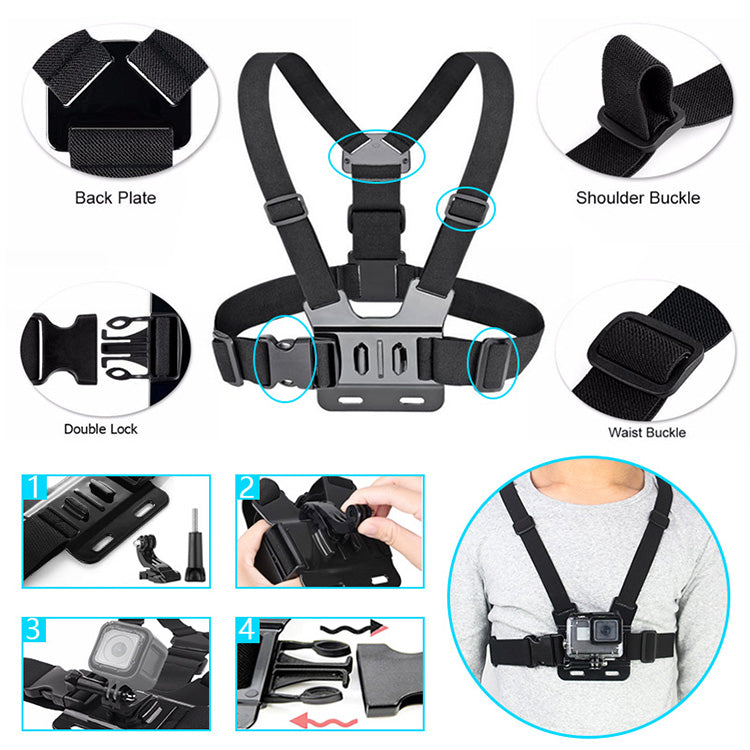Adjustable chest harness strap for action cameras with quick-lock and double buckle system, shown in use and disassembled