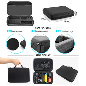 EVA carrying case features for 59-in-1 action camera kit including rubber handle, sponge compartments, and durable zipper