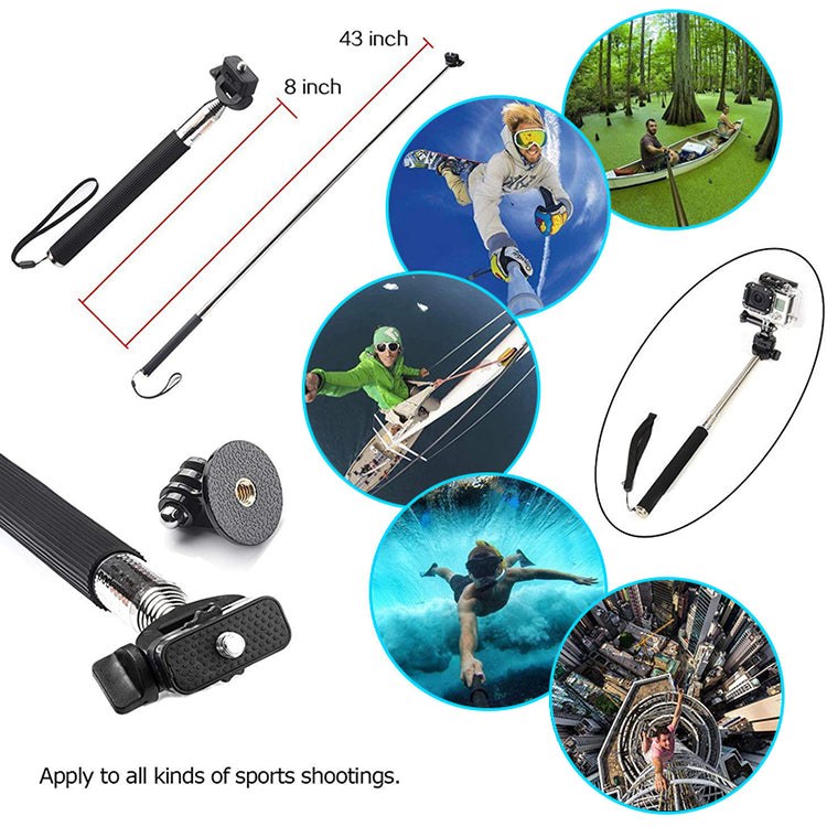 Telescopic selfie stick in use during extreme sports like skiing, diving, and sailing with GoPro action camera