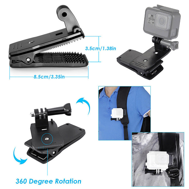 360-degree rotating backpack clamp mount with textured grip for attaching GoPro to shoulder straps or belts