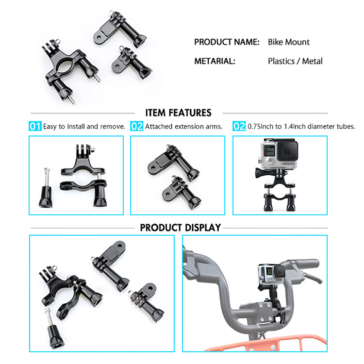Handlebar mount kit for GoPro cameras with extension arms and parts for attaching to bicycles and other tubular frames
