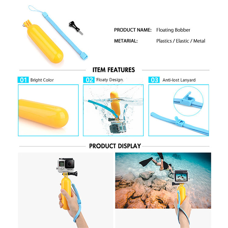 Yellow floating hand grip with anti-lost strap for GoPro cameras, perfect for underwater filming and snorkeling