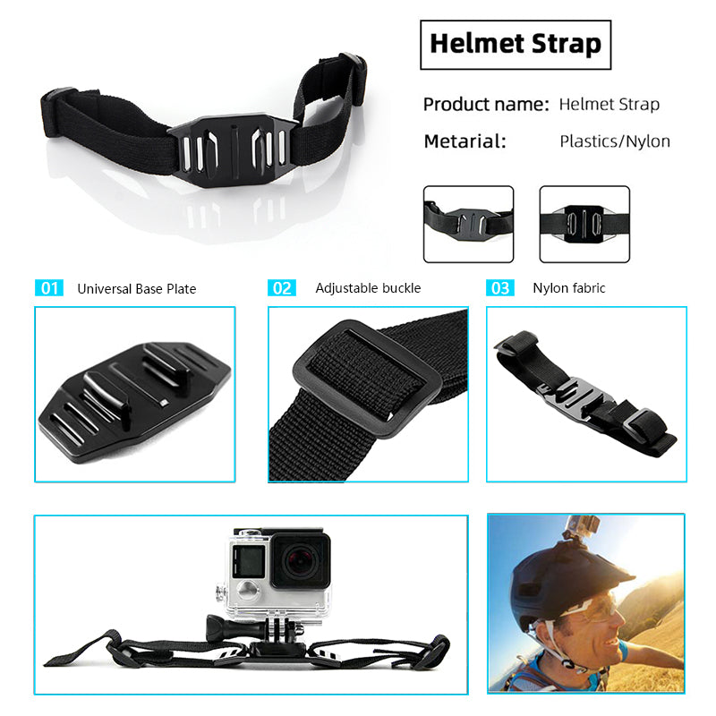 Adjustable helmet strap mount with universal base plate for securely attaching action cameras to helmets