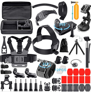 Reflex Camera 59-in-1 Action Camera Accessories Kit with case, straps, mounts, and selfie stick for GoPro, DJI, and Insta360