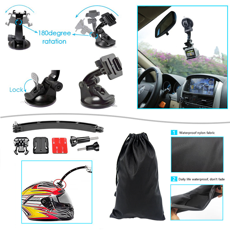 Suction cup windshield mount and curved helmet mount kit with extension arm for capturing POV footage while driving or biking