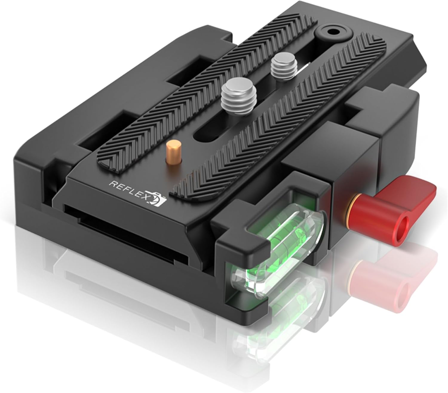 Quick release plate with dual mounting screws built-in bubble level and secure red locking lever for tripods and DSLR cameras