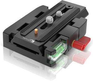 Quick release plate with dual mounting screws built-in bubble level and secure red locking lever for tripods and DSLR cameras