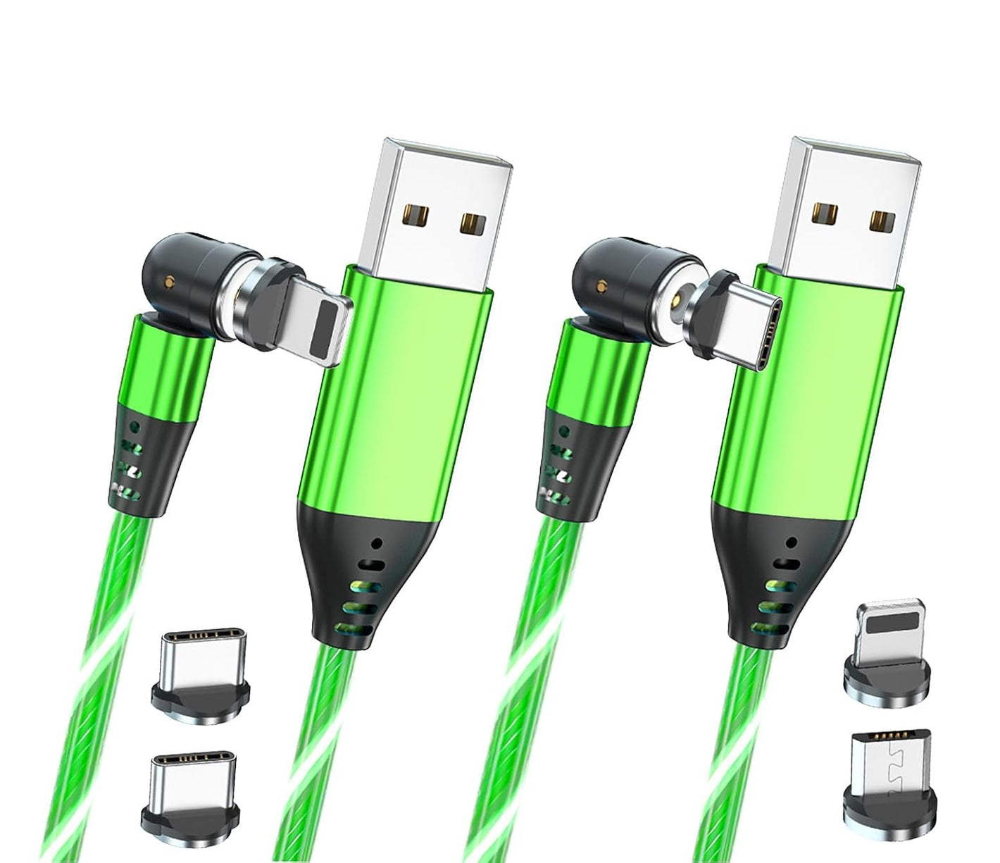 REFLEX CAMERA (Twin Pack) 1M Magnetic 3-in-1,  540-Degree Rotation Luminous Cable - Lightning, Micro USB, USB-C (Green)