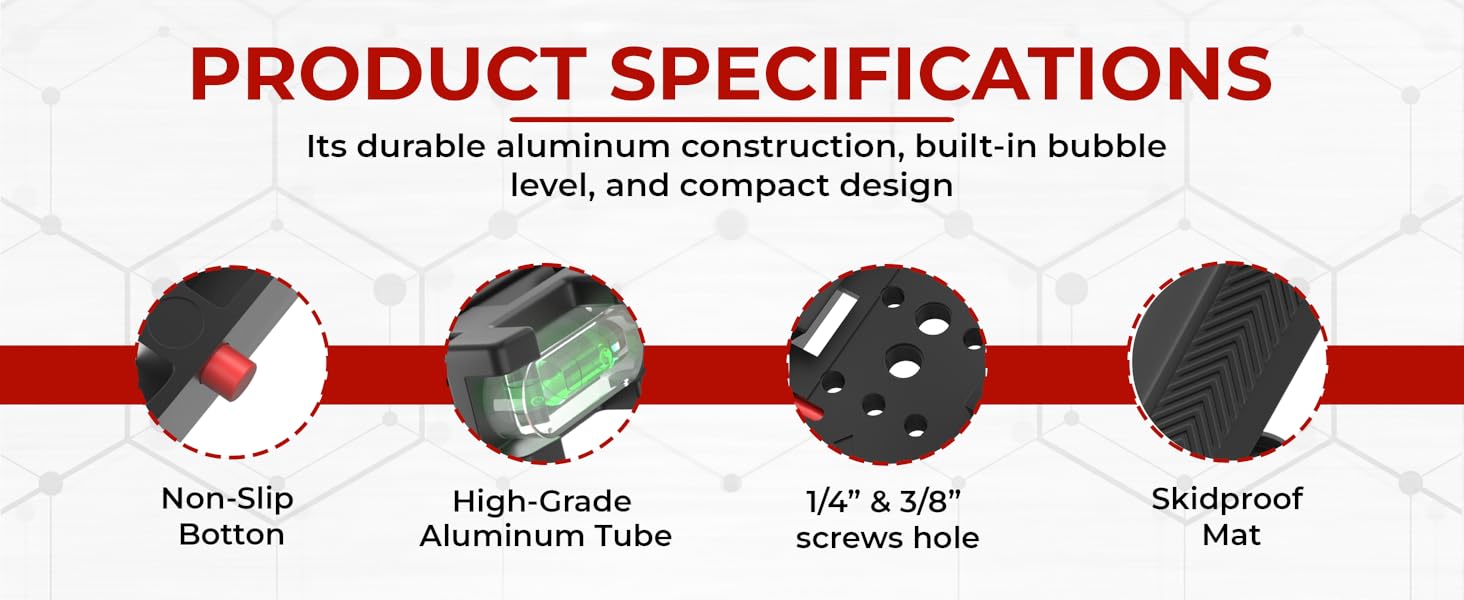 Product specifications showing non-slip button, bubble level, screw holes, and skidproof mat for camera mount