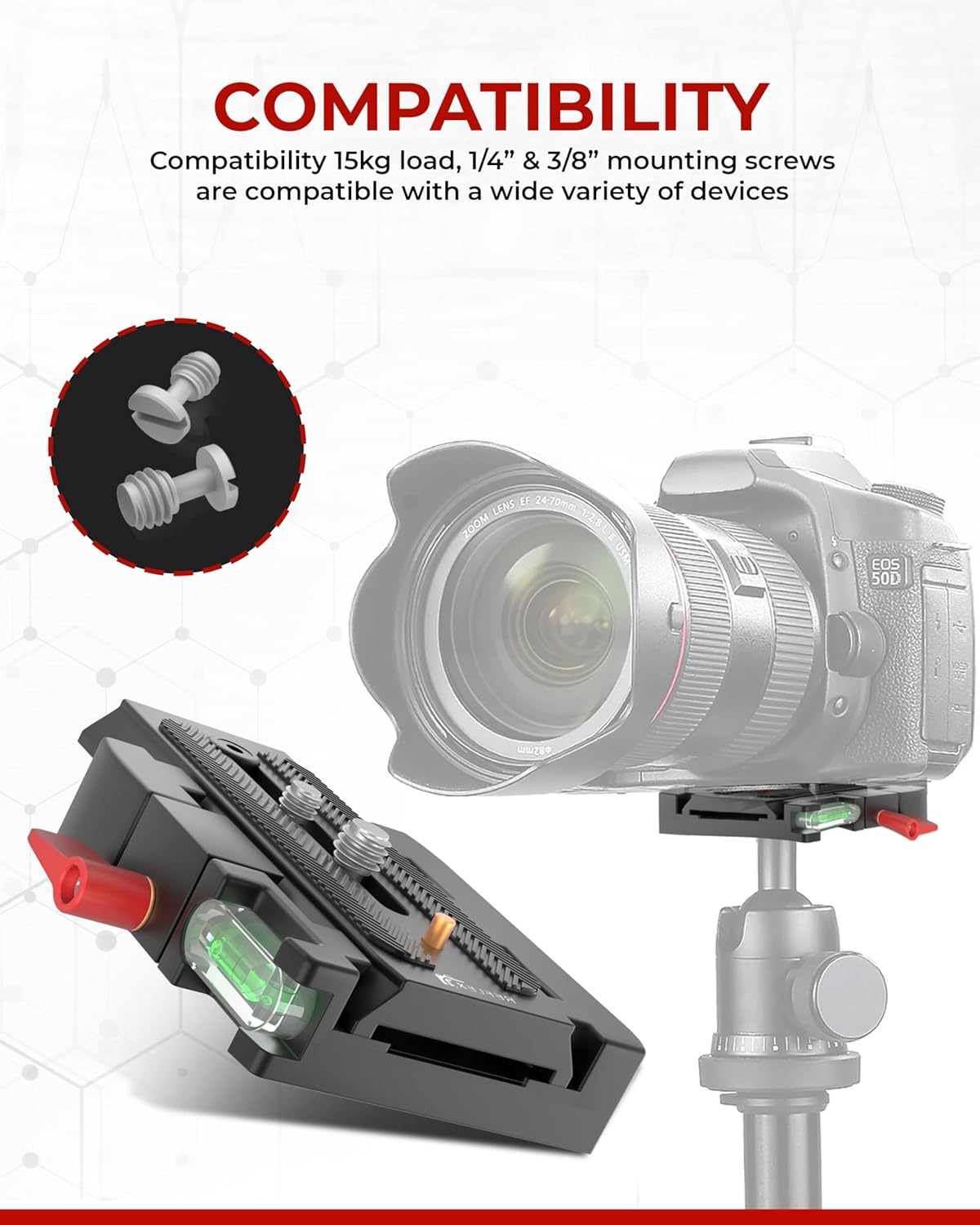 REFLEX CAMERA quick release plate mounted on DSLR tripod with 1/4'' and 3/8'' screw compatibility and spirit level