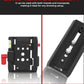 Quick release plate with 1/4 and 3/8 inch screw compatibility designed for tripods and monopods, shown from top and side angles