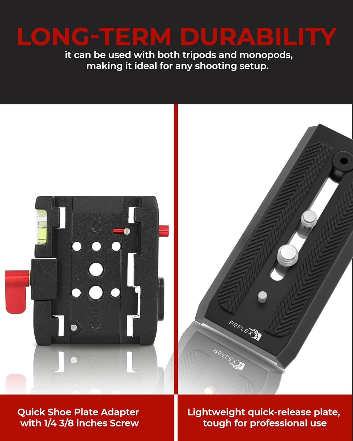 Quick release plate with 1/4 and 3/8 inch screw compatibility designed for tripods and monopods, shown from top and side angles
