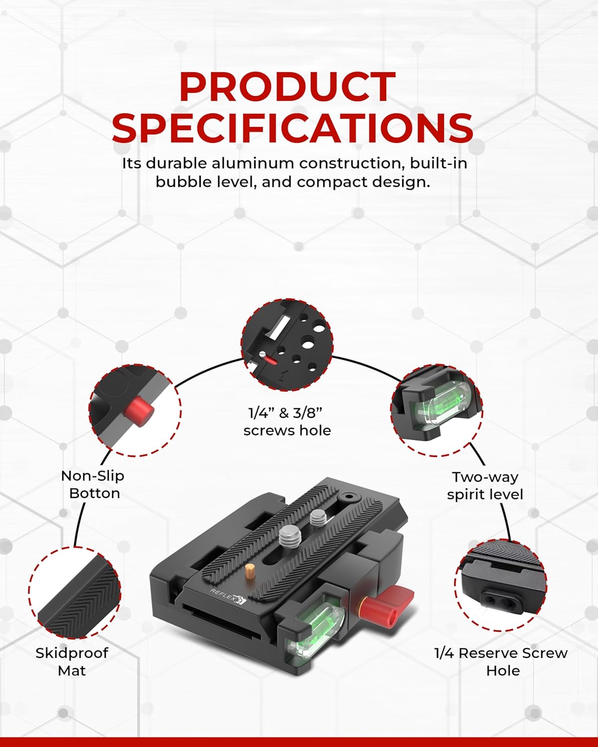 REFLEX CAMERA quick release plate with specs including skidproof mat, spirit level, and screw mount details