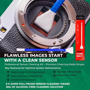 REFLEX CAMERA Professional APS-C Sensor Cleaning Kit - 6 cleaning Swabs, Microfiber Cloth, 3ml Alcohol-Free Solution - Safe, Residue-Free Camera Maintenance for Clear Images