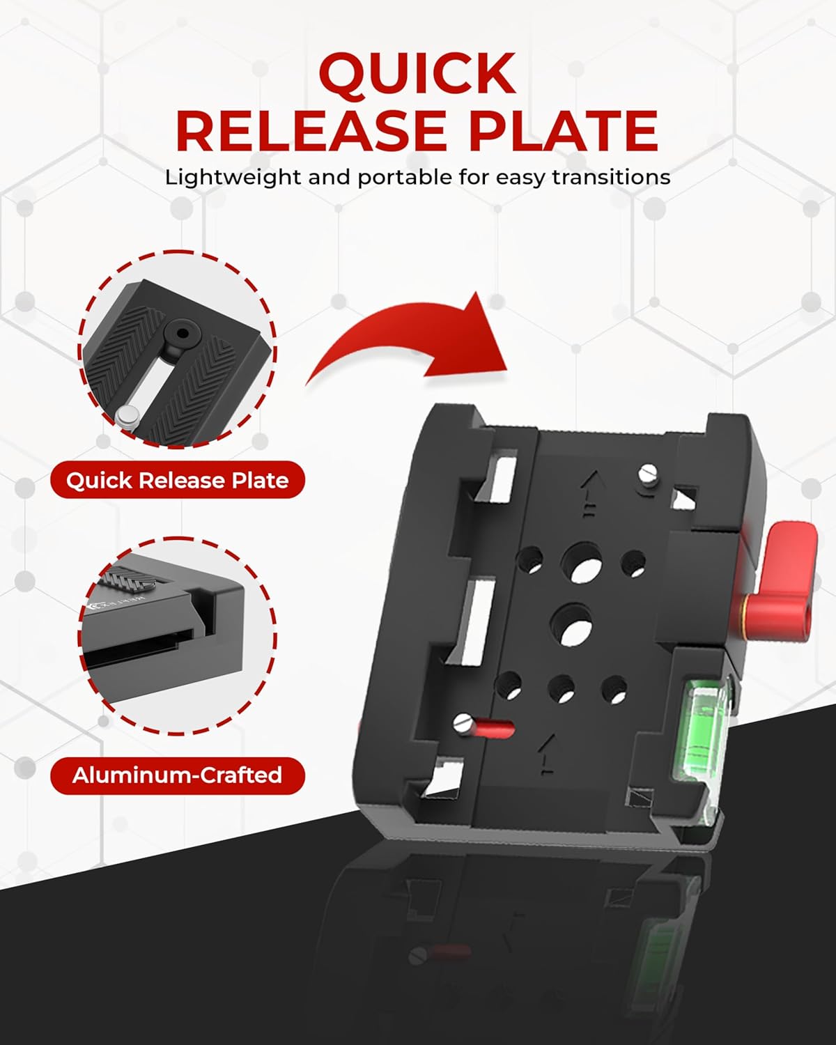REFLEX CAMERA quick release plate showing aluminum base, spirit level, and mounting features
