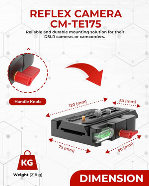 REFLEX CAMERA quick release plate with red knob, bubble level, and dimensions labeled in millimeters