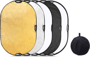 REFLEX CAMERA 5-in-1 Photography Reflector Kit 90×120cm Rectangular | Translucent, Silver, Gold, White, Black | Dual Handle Collapsible Light Reflector for Professional Photography