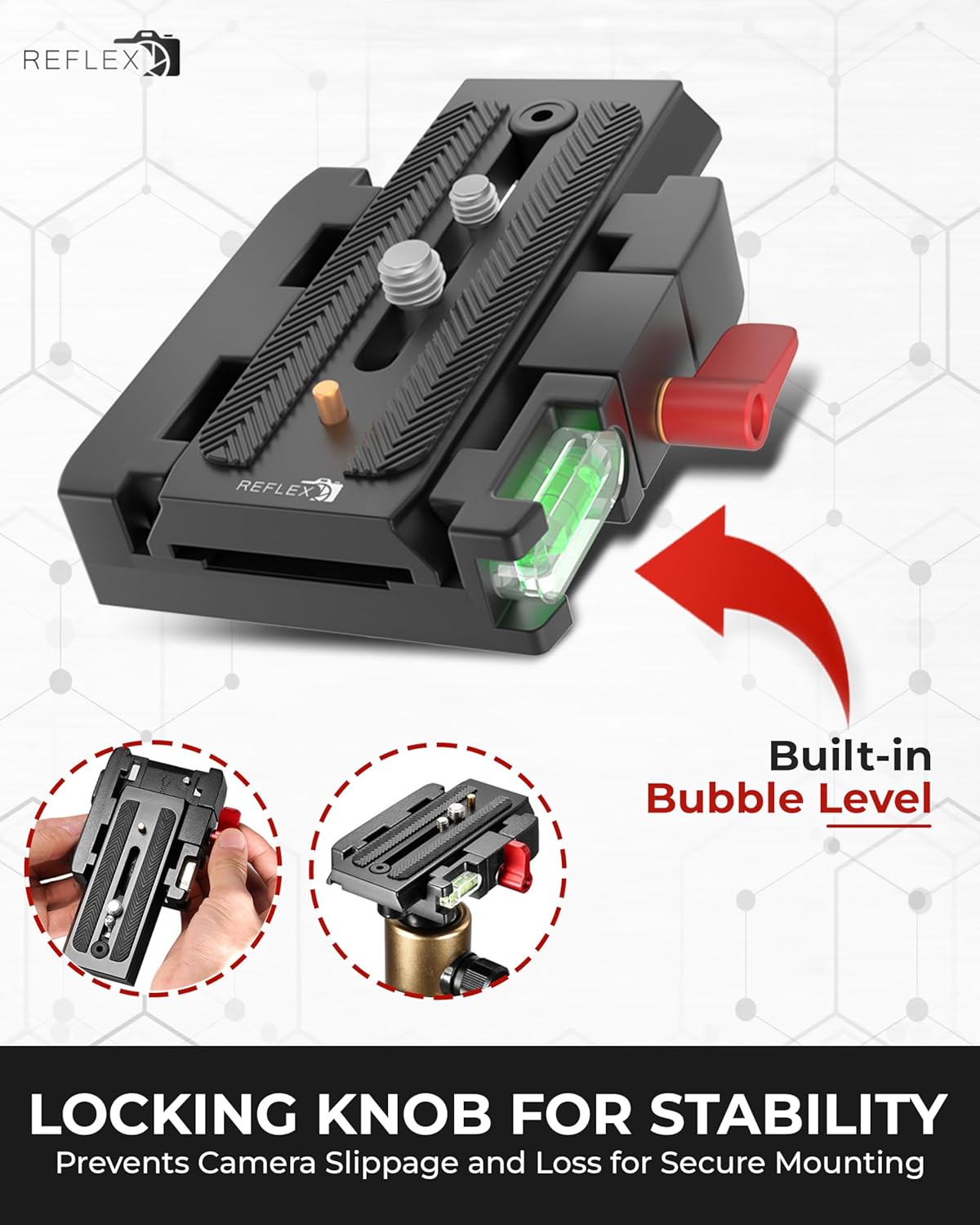 Quick release plate with built-in bubble level and locking knob for stable DSLR mounting handheld and tripod configurations