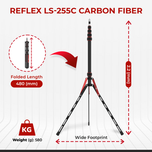 REFLEX CAMERA LS-255C Carbon Fiber Light Stand - Ultra Lightweight (580g), Compact (480mm), 5-Tier, Supports 10kg, Adjustable Height (2.2m), 1/4� & 3/8� Mounts for Flashguns, Softboxes, LED Lights, including free Cary Case.