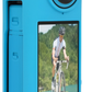 Blue camera with screen displaying a cyclist on a road