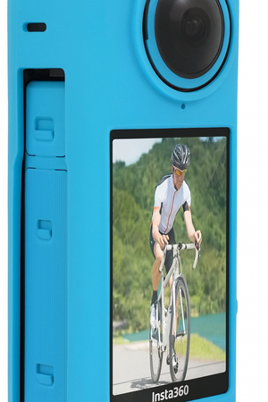 Blue camera with screen displaying a cyclist on a road