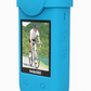 Blue Insta 360 case with camera screen displaying a cyclist on a road
