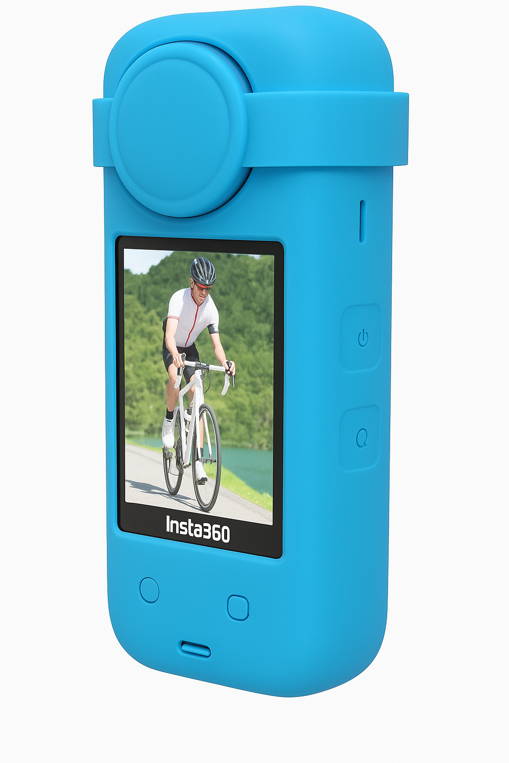 Blue Insta 360 case with camera screen displaying a cyclist on a road