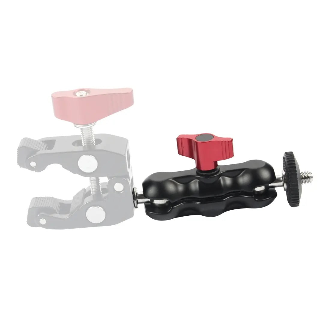 Side view of double ball head clamp adapter with red tightening knob connected to metal clamp