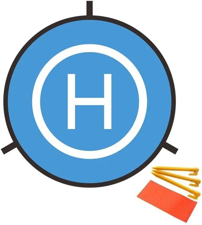 Foldable blue drone landing pad with white 'H' symbol, shown with yellow stakes and orange reflector for nighttime visibility