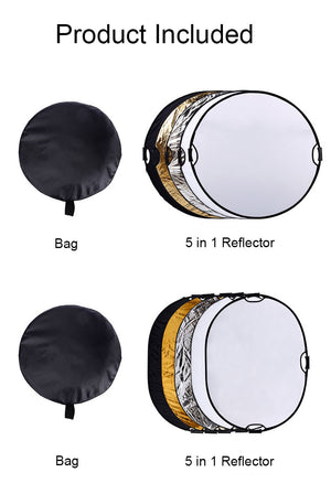 REFLEX CAMERA 5-in-1 Photography Reflector Kit 90×120cm Rectangular | Translucent, Silver, Gold, White, Black | Dual Handle Collapsible Light Reflector for Professional Photography