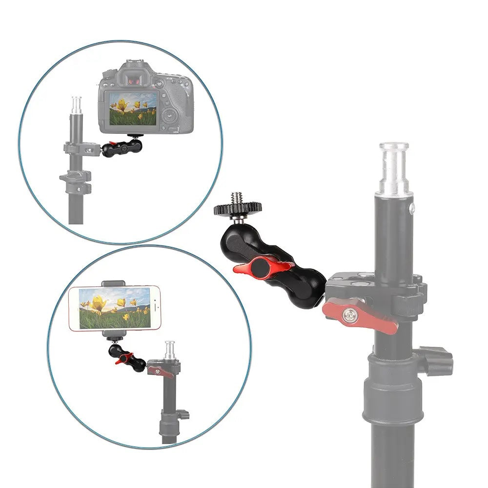 Double ball head magic arm clamp mounted on a light stand with camera and phone