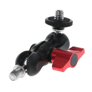 Close-up of Reflex Camera double ball head magic arm with red aluminum adjustment knob