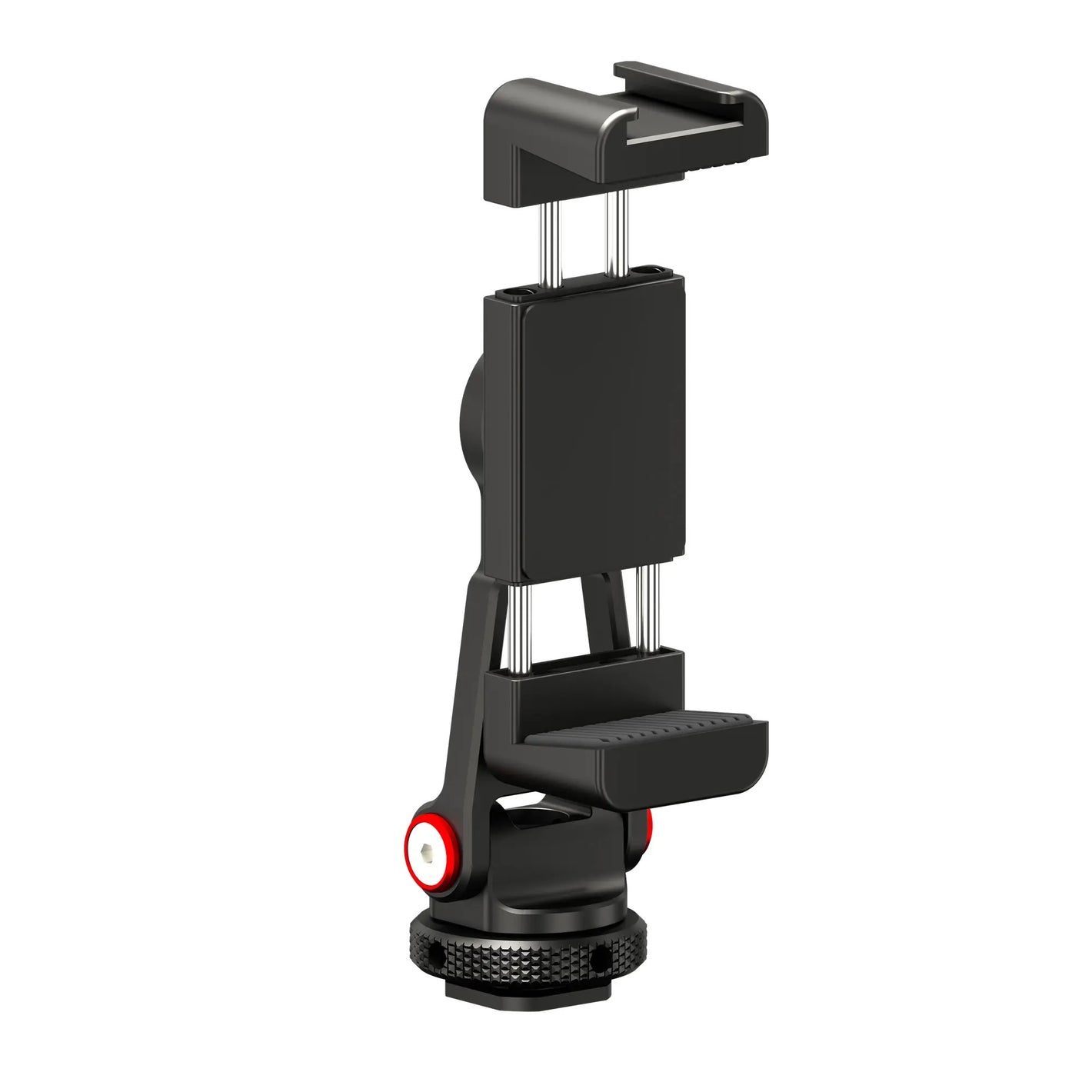 Close-up of black phone clip with metal rods, rubber grips, red pivot points, and bottom knob.