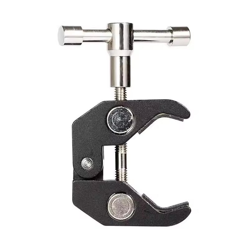 Adjustable super clamp with T-handle and 1/4'' & 3/8'' threads for securely mounting lights, cameras, or accessories