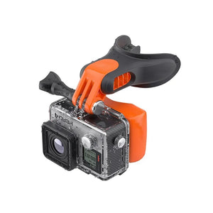 GoPro action camera secured to a floating mouth mount setup, wet and ready for underwater or surfing use.