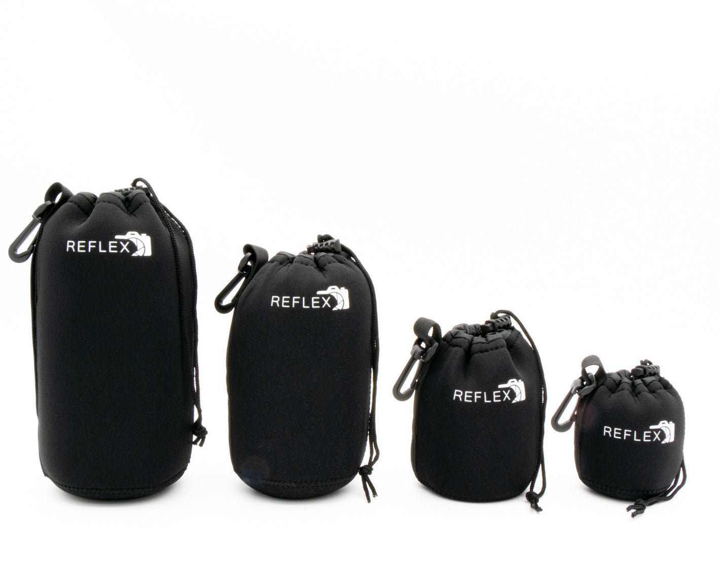 Reflex padded lens pouches in a row from largest to smallest against white background.